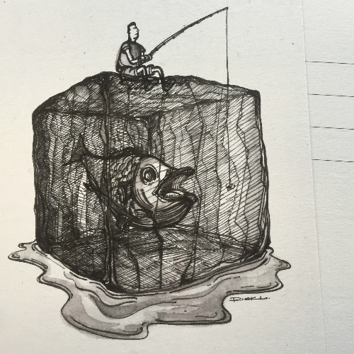 冰塊上的釣魚翁  明信片畫作