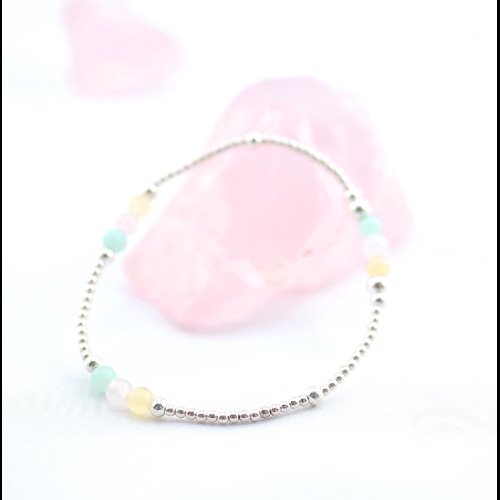 粉水晶+黃玉+天河石純銀彈性手環 (Rose Quartz + Amazonston + Yellow Jade Silver Bracelet )【ColorDay】
