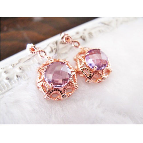 天然紫水晶玫瑰金耳環