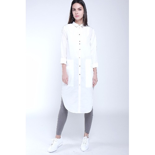 簡約現代風格白色長襯衫裙 / 天然植物纖維製成