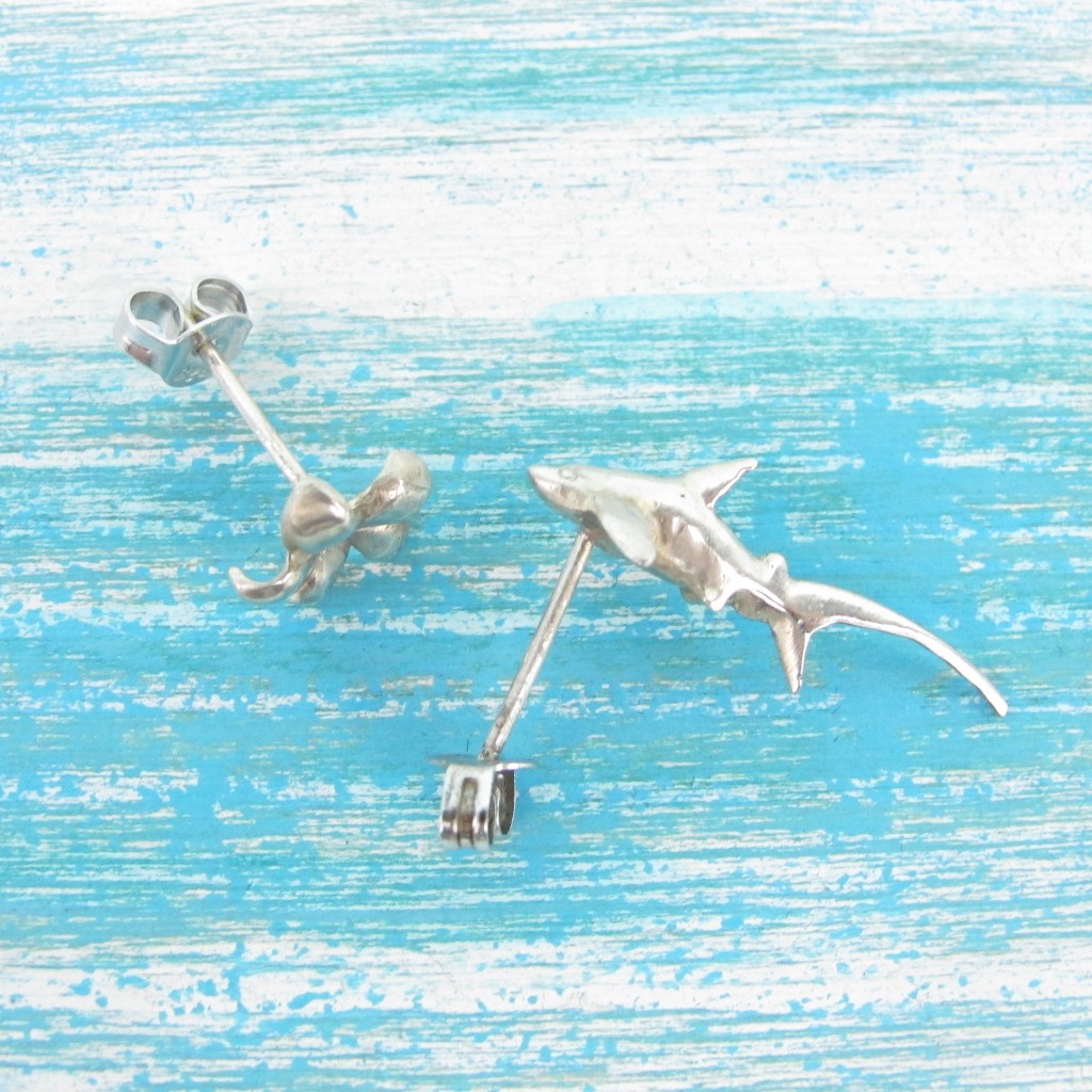 【Diving silver】925銀海洋潛水銀飾--迷你3D長尾鯊耳環