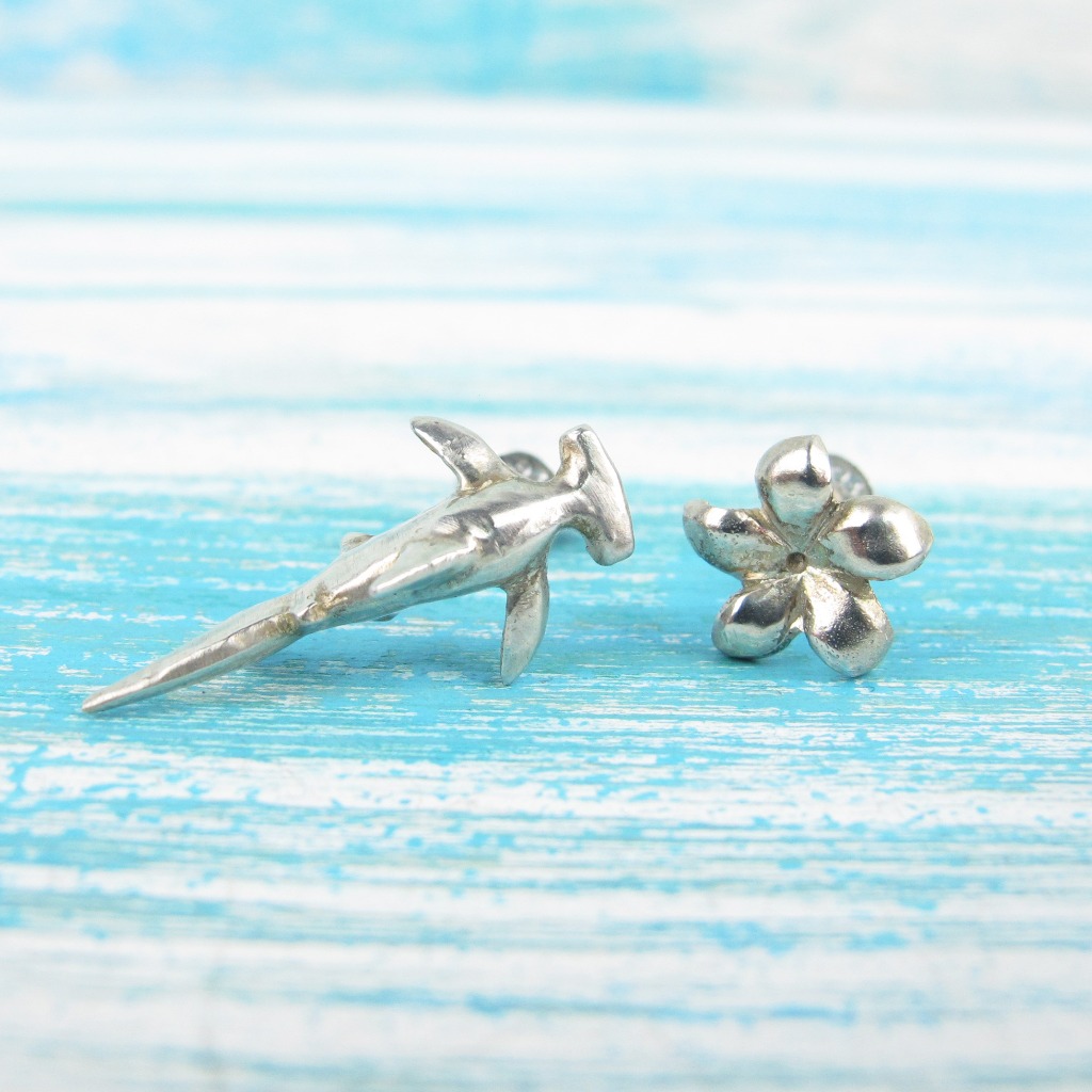 【Diving silver】925銀海洋潛水銀飾--迷你3D鎚頭鯊耳環