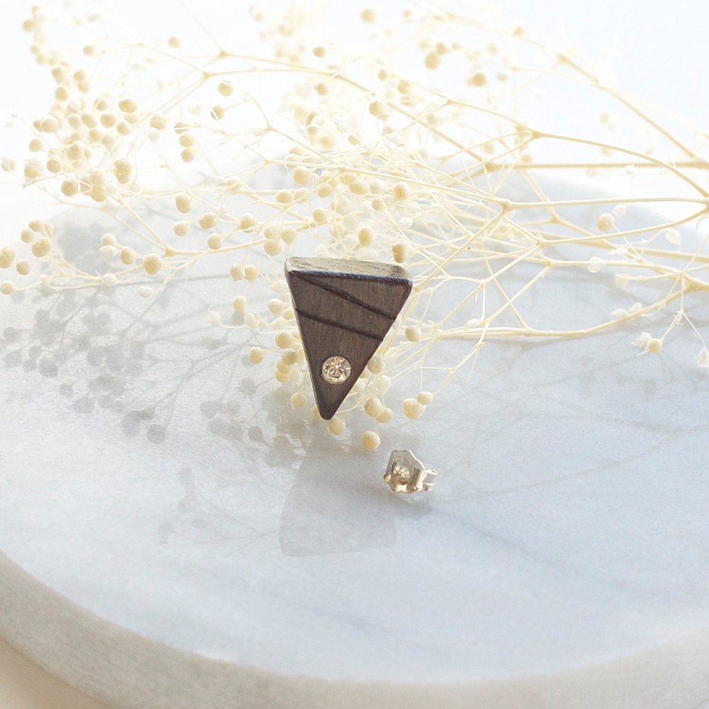 三角形 原木手工耳環 純銀耳針 單隻 禮物訂製