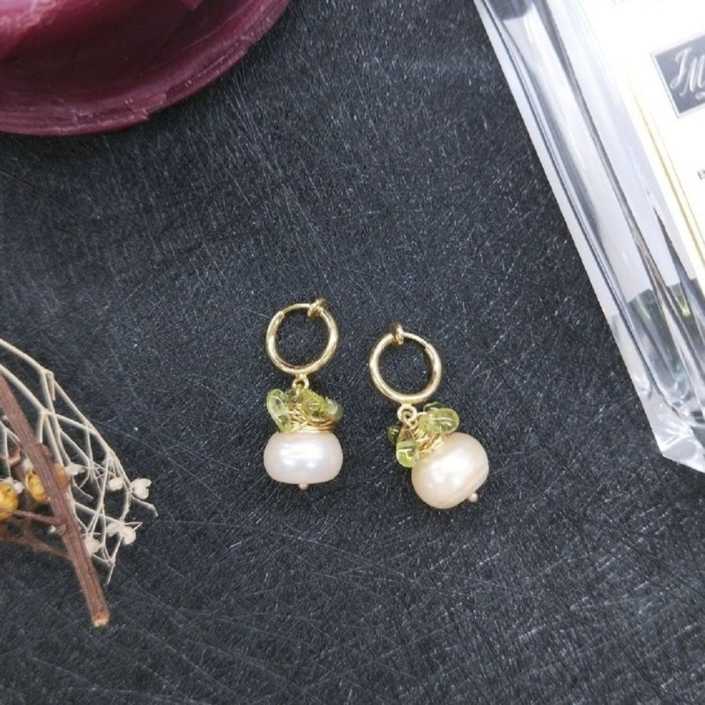 耳環 珍珠 橄欖石繞線簡約風耳勾耳夾耳環