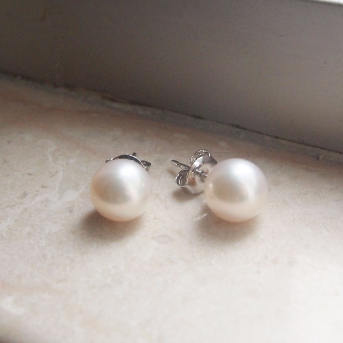 經典天然白珍珠925純銀耳針耳環